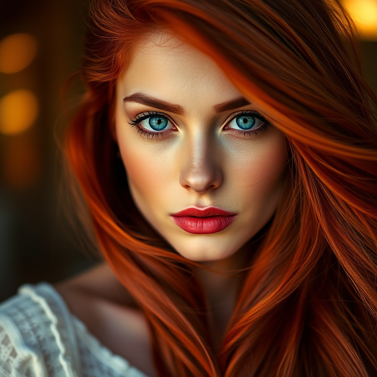 Create a portrait of a woman with long, flowing red hair and striking blue eyes, in soft focus with a dreamy bokeh background, shot with a Canon EOS 5D Mark IV, 85mm f/1.4 lens, aperture set to f/2.8, ISO 100, and a shallow depth of field, capturing vibrant colors and smooth skin texture.