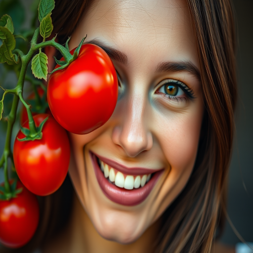 Create an image of a smiling woman's face combined with a red tomato, with vibrant colors and a glossy texture, shot on a DSLR camera with a 50mm lens, f/1.8 aperture, ISO 100, natural lighting, and a soft background blur for emphasis on the subject.