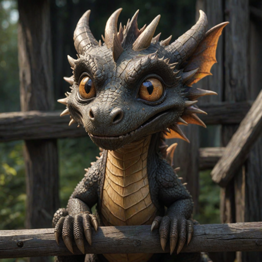 A small, scruffy cartoon-like dragon peers over a wooden fence with wide, expressive amber eyes, giving it an endearing look. The dark, muted background with streaks of faded color adds to the atmosphere of vulnerability and longing. The dragon's oversized eyes, full of emotion, draw the viewer in, evoking a sense of empathy and tenderness. Flecks of light and small bits of debris gently float through the scene, creating a soft, melancholic mood as the dragon waits patiently for comfort.