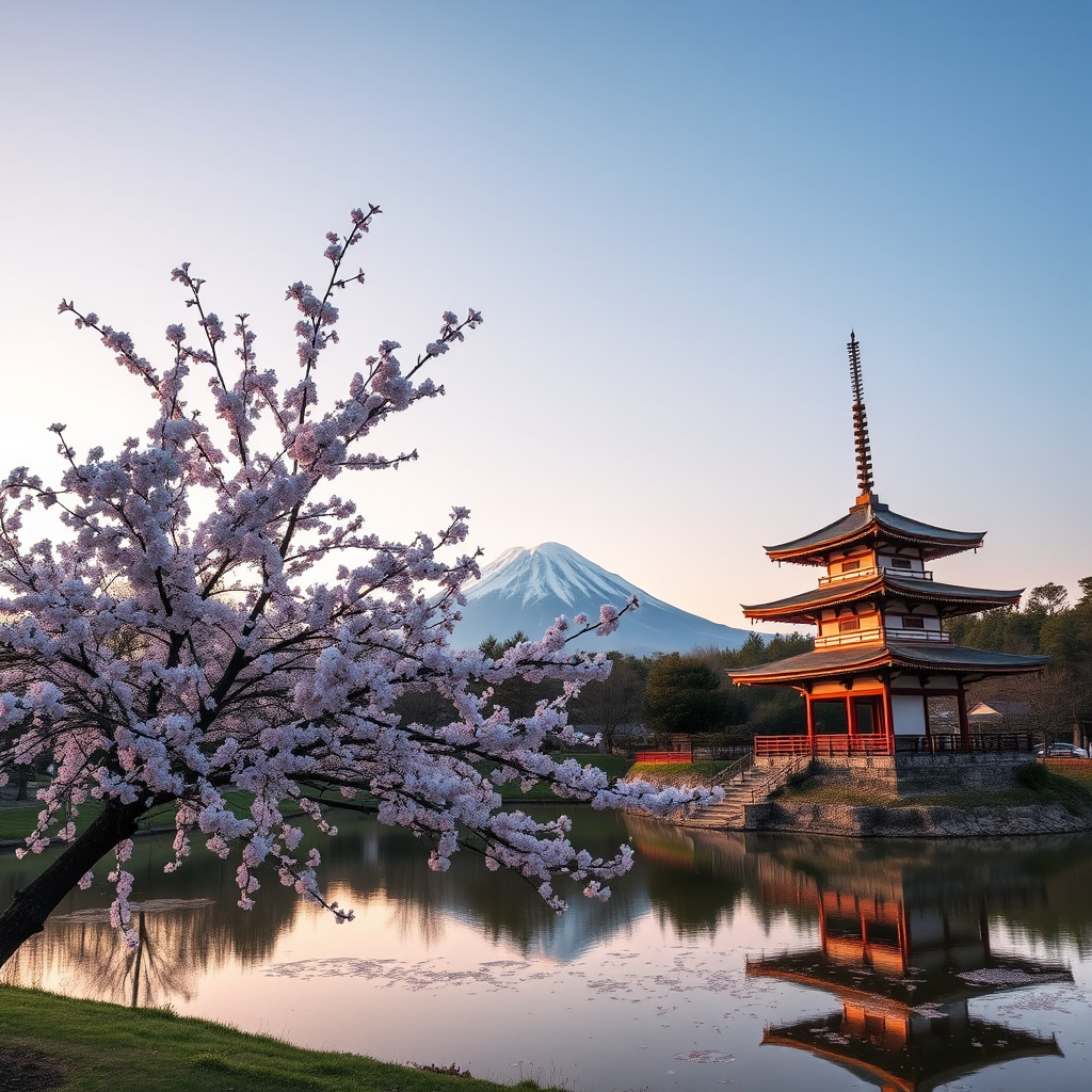 A serene landscape featuring a blooming cherry blossom tree beside a tranquil pond with a traditional Japanese pagoda and Mount Fuji in the background, captured at sunset with soft pastel colors, using a Canon EOS R5 with a 24-70mm f/2.8 lens, aperture f/8, ISO 100, and a shutter speed of 1/125 sec for enhanced image quality and depth.