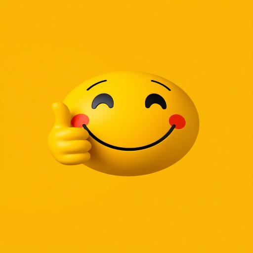 Create a high-resolution image of a bright yellow smiley face with a thumbs-up gesture, using a Canon EOS R5 with a 50mm lens at f/1.8, ISO 100, and a 1/200 sec shutter speed, shot from a straight-on perspective with vibrant colors and a clean background.