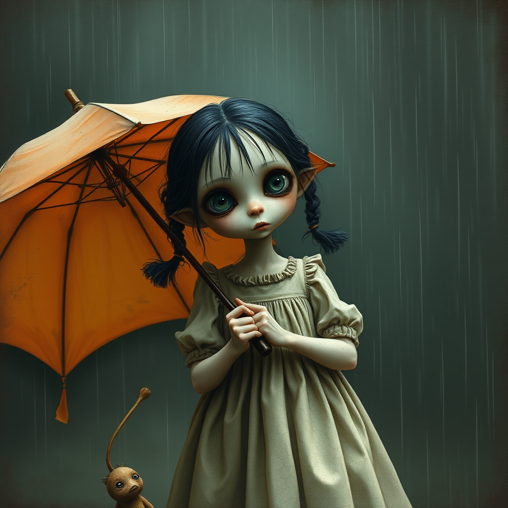 An eerie, weird little girl with dark hair in thin pigtails, wearing a smock dress, standing in the rain, holding a dirty orange umbrella, a small, odd creature beside her. In a surreal style inspired by Nicoletta Ceccoli and Brian Froud. Dark fantasy themes