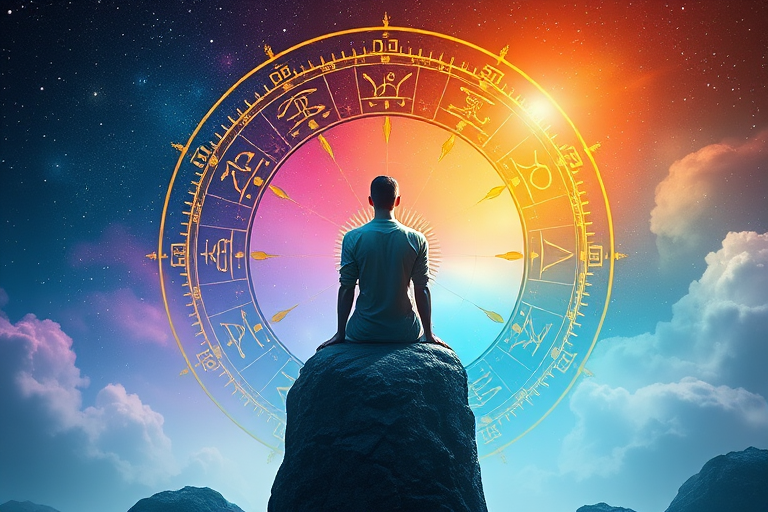 Create a vibrant digital artwork of a serene figure sitting on a rock, surrounded by a circular zodiac wheel with golden symbols, ethereal colors, and a starry background, using a Canon EOS R5 with a 50mm lens, aperture f/1.8, ISO 100, and soft natural lighting to enhance details and depth.