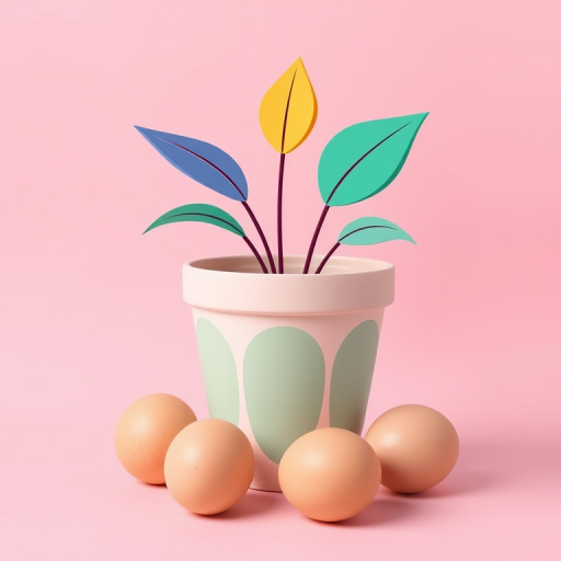 Create a vibrant and modern illustration featuring a stylized flower pot with abstract leaves, surrounded by four eggs on a soft pink background, using an illustration style with clean lines and flat colors, 35mm lens, f/8 aperture, and soft lighting for enhanced clarity and detail.