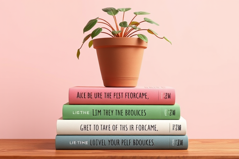 Create a high-resolution illustration of a potted plant atop two stacked books with motivational phrases, using a soft pastel background, shot with a DSLR camera at f/2.8, 50mm lens, with soft natural lighting to enhance color vibrancy and depth.