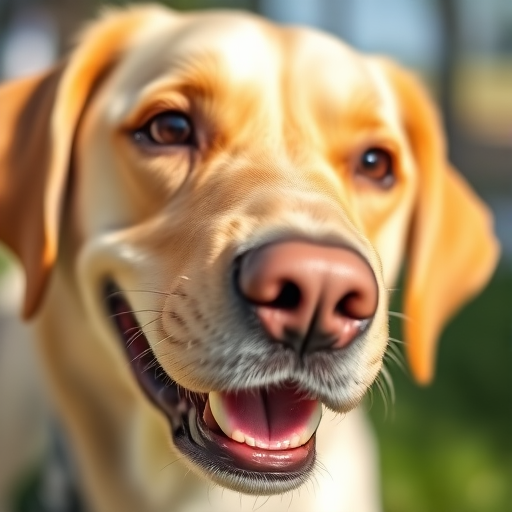 capture a close-up of a smiling yellow Labrador Retriever in natural light, aperture f/2.8, shutter speed 1/200 sec, ISO 100, macro lens, shallow depth of field, 50mm lens, focus on eyes, soft background blur