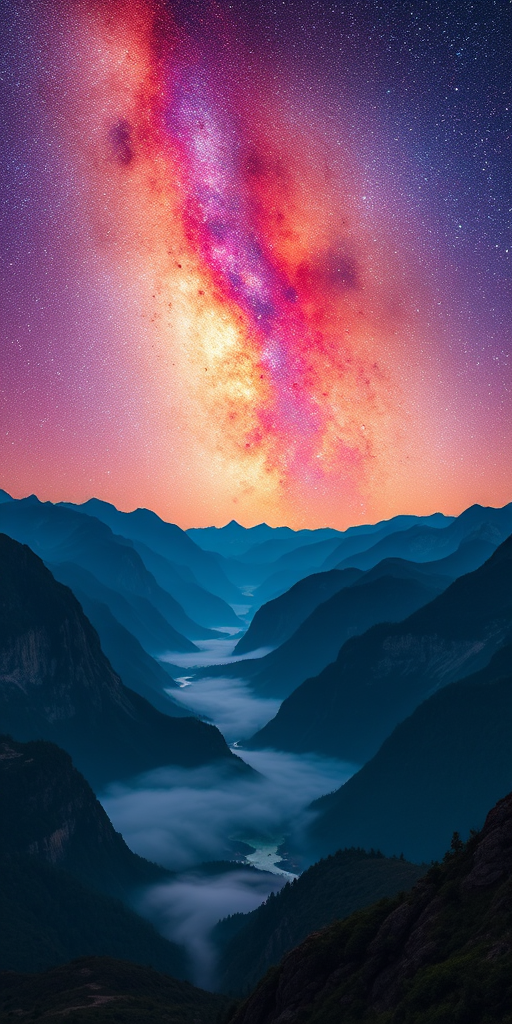 Generate a vibrant cosmic landscape featuring a colorful Milky Way galaxy above majestic mountains with a misty valley, captured with a Canon EOS R5, 24mm lens, f/2.8 aperture, ISO 200, at twilight, using long exposure to enhance star trails and colors.