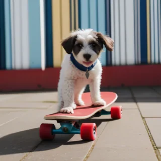 dog on a red skateboard