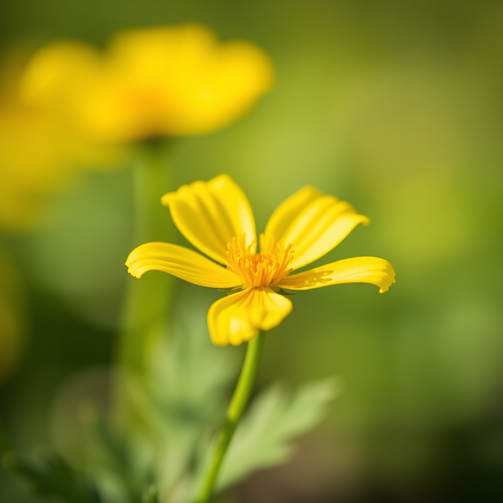 macro shot of a yellow buttercup flower with a blurred green background, aperture f/2.8, shutter speed 1/200s, ISO 100, shot with a DSLR camera using a 100mm macro lens, natural lighting