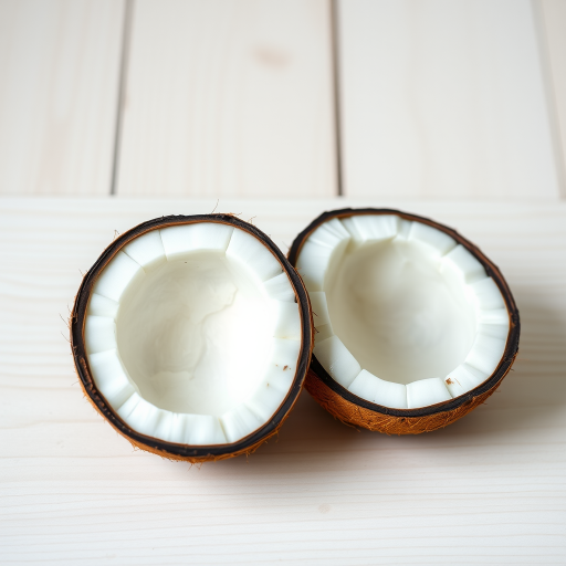Create a high-resolution image of two halved coconuts positioned symmetrically side by side on a light wooden surface, using a DSLR camera with a 50mm lens, aperture set to f/2.8 for a blurred background, natural lighting for a soft effect, and a slight overhead view to enhance the texture of the coconut shell.