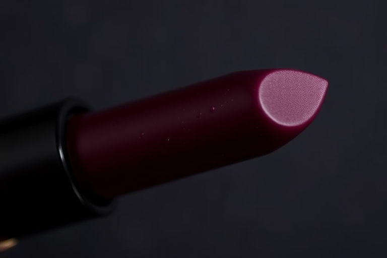 Matte deep plum lipstick called "Midnight Velvet" with a velvety texture, long-lasting wear, and a hint of metallic shimmer, ideal for sophisticated evening events