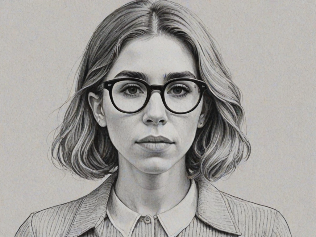 Enchanting Zosia Mamet, pencil sketch, portrait of Charming woman 1970s in glasses, hair style beatnik, outline, clear lines, fine lines, 8k