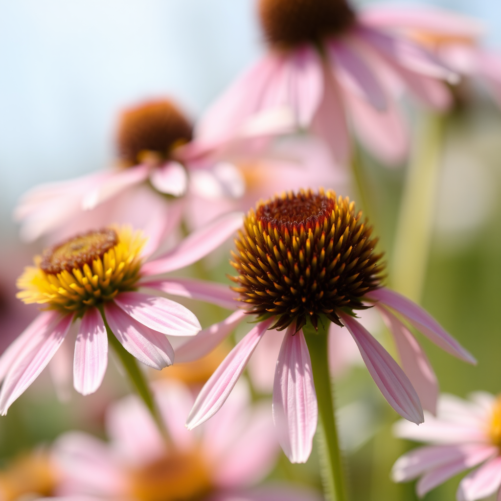 Close-up of wildflowers with a soft-focus background, natural lighting, aperture f/2.8, shutter speed 1/250s, ISO 200, macro lens, DSLR camera, shallow depth of field to emphasize petals and textures.