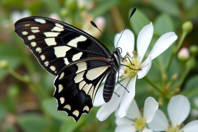 Generate an image of a unique butterfly with intricate patterns on its wings, featuring a blend of black and white colors. The butterfly is perched on a delicate white flower with green foliage in the background, capturing a close-up view that highlights the details of its wings and the surrounding floral environment.