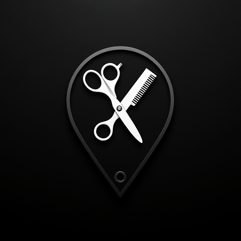 Create a vector graphic of a scissors and comb icon inside a location pin shape on a black background, using a Canon EOS R5 camera at f/8, ISO 100, 1/200s, in a top-down view with a flat lay style to enhance clarity and detail.