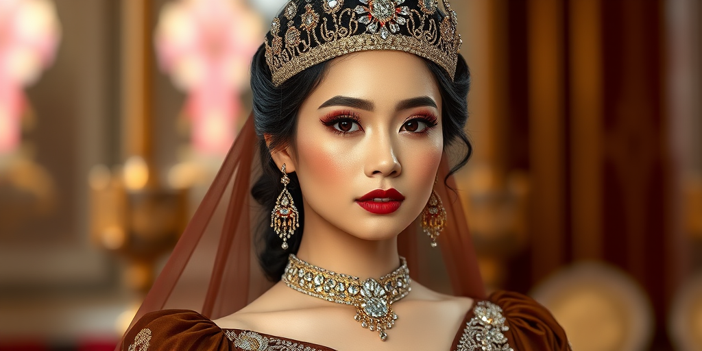 A gorgeous Hmong woman in a luxurious brown gown, accessorized with a dazzling tiara and statement earrings, her deep red eyes highlighted by impeccable makeup, poised in a royal setting, photorealistic, 8K quality