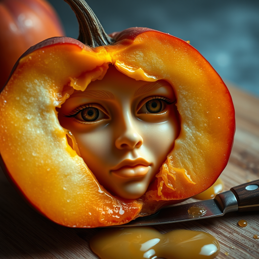 A hyperdetailed photorealistic macro color saturated high resolution image of a pumpkin cut in half, with the peach pit being a highly detailed sculpted woman's face with her eyes open and peach-colored irises. The face has a marble texture. The image includes condensation, moisture, and peach juice. The peach is on a wooden cutting board with a small fruit knife nearby, also covered with juice.
