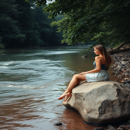 Secluded riverbank, the water flowing quietly past, as a woman sits on a large rock, her toes dipping into the cool water, with dense trees all around.