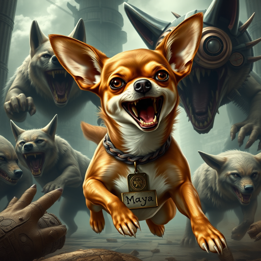 "Create a highly detailed and realistic image of a short-haired Chihuahua named Maya in an extremely fierce and enraged warrior pose. She is battling a pack of wolves and an alien creature, fighting for her life and the life of her owner. The Chihuahua should have a wild and aggressive appearance, with bared teeth and fierce eyes, showcasing her determination despite the overwhelming odds. She should have a distinct white patch on her chest, while the rest of her fur should be brown. A large tag with the name 'Maya' should be prominently displayed around her neck. The background should feature a sci-fi and steampunk style, filled with futuristic mechanical elements and Victorian technology, blending an urban landscape with fantastical details such as gears and steam."