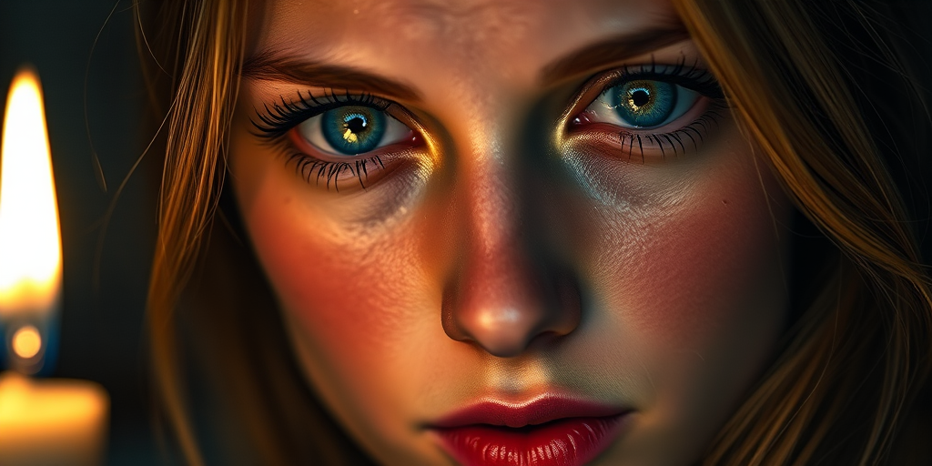 Close-up portrait of a young woman with striking blue eyes, illuminated by a candlelight glow, capturing her emotional expression with tears subtly glistening on her cheeks, using a 50mm lens at f/1.8, ISO 200, with a shallow depth of field, shot in low light for dramatic effect, using a full-frame DSLR camera.