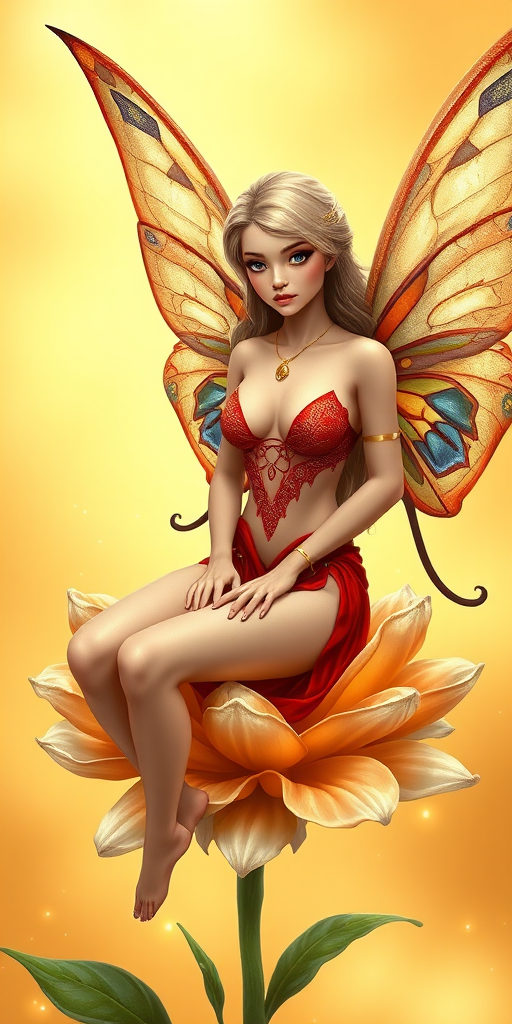 A digital artwork features a winged fairy with delicate Khaki butterfly wings, adorned with intricate Scarlet and Indigo patterns. She is seated on a vibrant Beige flower, wearing a revealing red two-piece outfit with sparkling beadwork. Her fair skin, long blonde hair, and gold jewelry add to her ethereal appearance. The background is a warm, golden gradient, creating a magical atmosphere. Small glowing orbs and sparkles surround the flower, enhancing the enchanting, highly detailed, and realistic scene.
