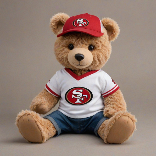 A cute and fluffy teddy bear dressed in a San Francisco 49ers-themed outfit, wearing a red cap with the 49ers logo, aviator sunglasses, and a white football jersey with red accents. The bear is also wearing casual jeans and red and white sneakers, while sitting in a relaxed pose with a football beside it. The teddy bear has a cool, laid-back attitude, with a sporty vibe. The background is clean and minimal, highlighting the bear as the main focus.