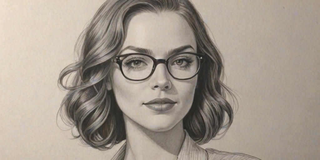 Stunning Kaitlyn Black, pencil sketch, portrait of Radiant woman 1926s in glasses, hair style beatnik, outline, clear lines, fine lines, 8k