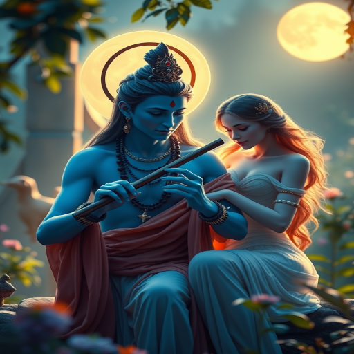 Create an enchanting scene of a blue-skinned divine figure playing a flute with a graceful companion, surrounded by a mystical garden illuminated by soft moonlight, using a DSLR camera with a 50mm lens, f/1.8 aperture, ISO 100, and a shallow depth of field for a dreamy background effect.