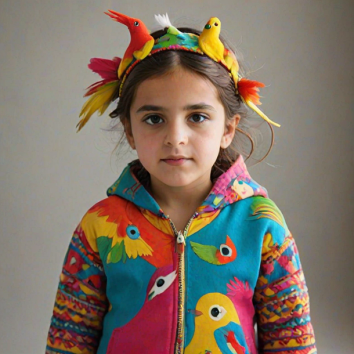 A beautiful Ashkenazi girl, wearing colorful bird clothing with vibrant colors