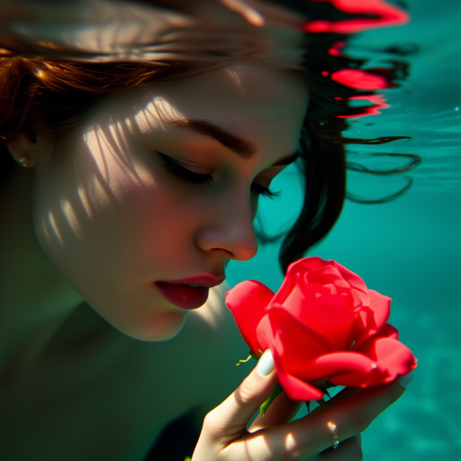 A woman underwater, gazing at a rose Her face is reflected in the water's surface The scene is illuminated by sunlight filtering through the water The atmosphere is serene and contemplative