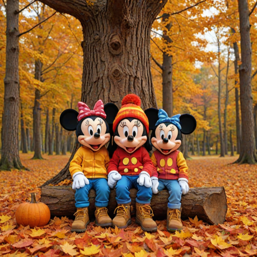 create a cartoon style of Mickey and Minnie wear Fall theme colored sweat suits with timberland boots and Bernie hats sitting together on a big tree stump surrounded by large color pile of raked leaves