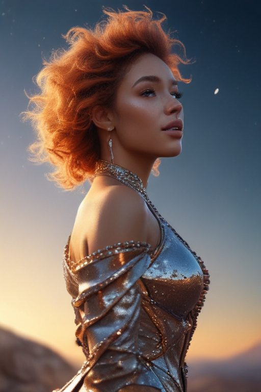Majestic Portrait of a Woman in a Shimmering Silver Gown at Sunset