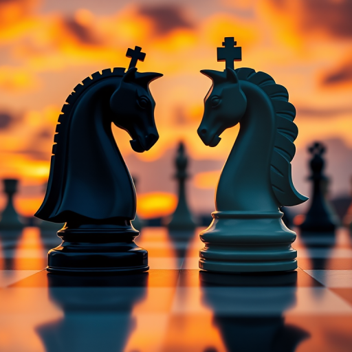 Create a high-resolution image of two chess pieces in the style of digital art, focusing on a black knight and a white knight facing each other on a chessboard, set against a vibrant sunset sky with clouds, using a DSLR camera, 50mm lens, f/1.8 aperture, ISO 100, and 1/200s shutter speed for enhanced depth of field and clarity.