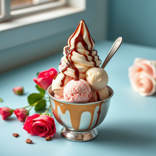 Capture a vibrant ice cream sundae in a silver bowl with melting chocolate drizzle and fresh roses on a light blue background, using a Canon EOS R5 camera, 50mm lens, f/2.8 aperture, ISO 100, and soft natural lighting from a window to enhance details and colors.