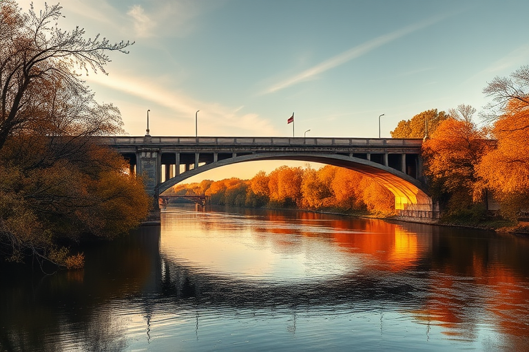 Capture a scenic view of a historic bridge over a calm river with autumn foliage, using a DSLR camera at f/8 aperture, 24mm lens, ISO 100, with a slight polarizing filter to enhance sky and water reflections, shot during golden hour.