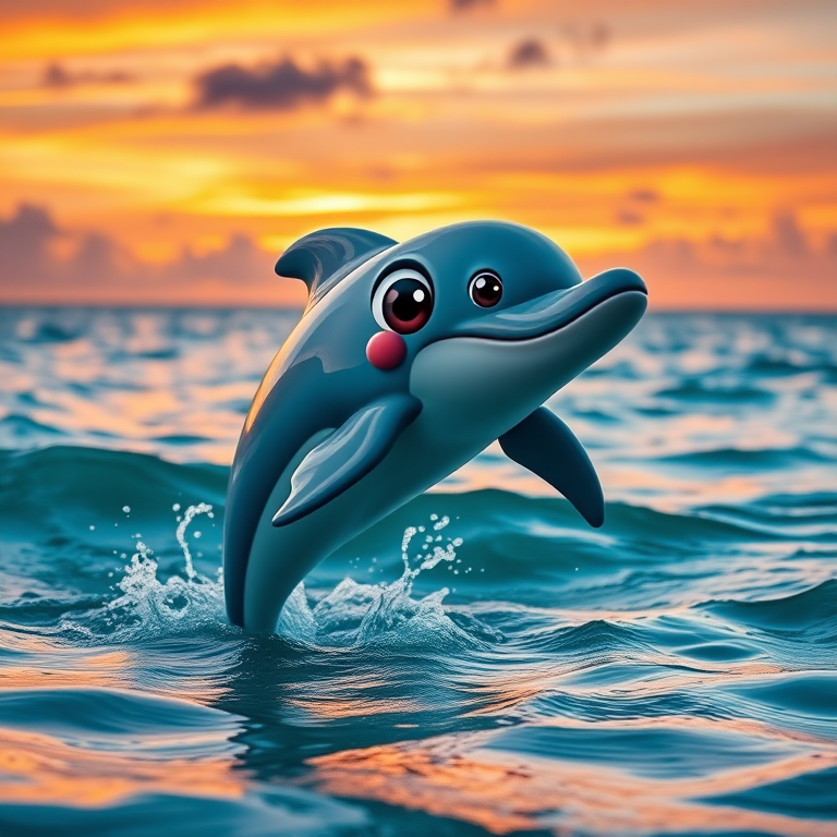 Create a whimsical cartoon dolphin with oversized eyes, leaping joyfully from vibrant teal ocean waters, against a colorful sunset sky, using a Canon EOS R5 camera, aperture f/4.0, shutter speed 1/250s, ISO 100, with a wide-angle lens to capture vivid colors and details.