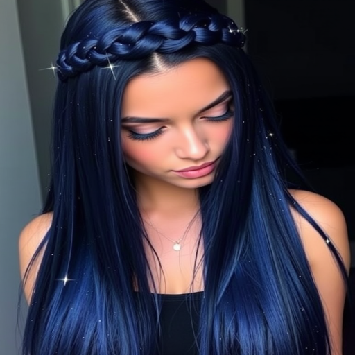 Midnight blue hair with scattered silver star-like highlights creates a captivating "Celestial Night" appearance. The long, straight locks are styled in a sleek, glass-like finish that reflects light beautifully. A section of hair is braided into an intricate crown, mimicking the Milky Way, while the rest flows freely like a river of starlight.