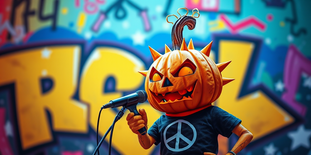 Create a vibrant digital illustration of a punk-themed pumpkin character with spiked features, wearing a peace symbol shirt, holding a microphone, against a colorful graffiti backdrop, captured with a DSLR camera at f/2.8 aperture, 50mm lens, ISO 100, in a studio lighting style to enhance details and color contrast.