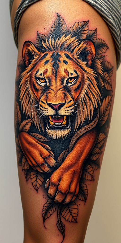 Powerful body tattoo portraying a fierce lioness emerging from lush foliage on the thigh, executed in hyper-realistic style with intricate details and rich earth tones