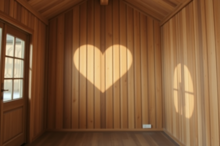 photograph a wooden interior with a heart-shaped spotlight effect on the wall, 50mm lens, f/1.8 aperture, ISO 100, 1/60 shutter speed, taken from a low angle, soft focus background, using a DSLR camera