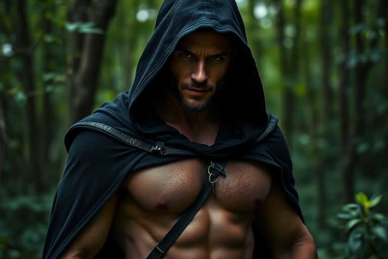 A muscular man in a dark hooded cloak with intricate details, standing in a lush green forest, captured with a Canon EOS R5, 85mm lens, f/1.4 aperture, ISO 100, natural lighting, shallow depth of field.