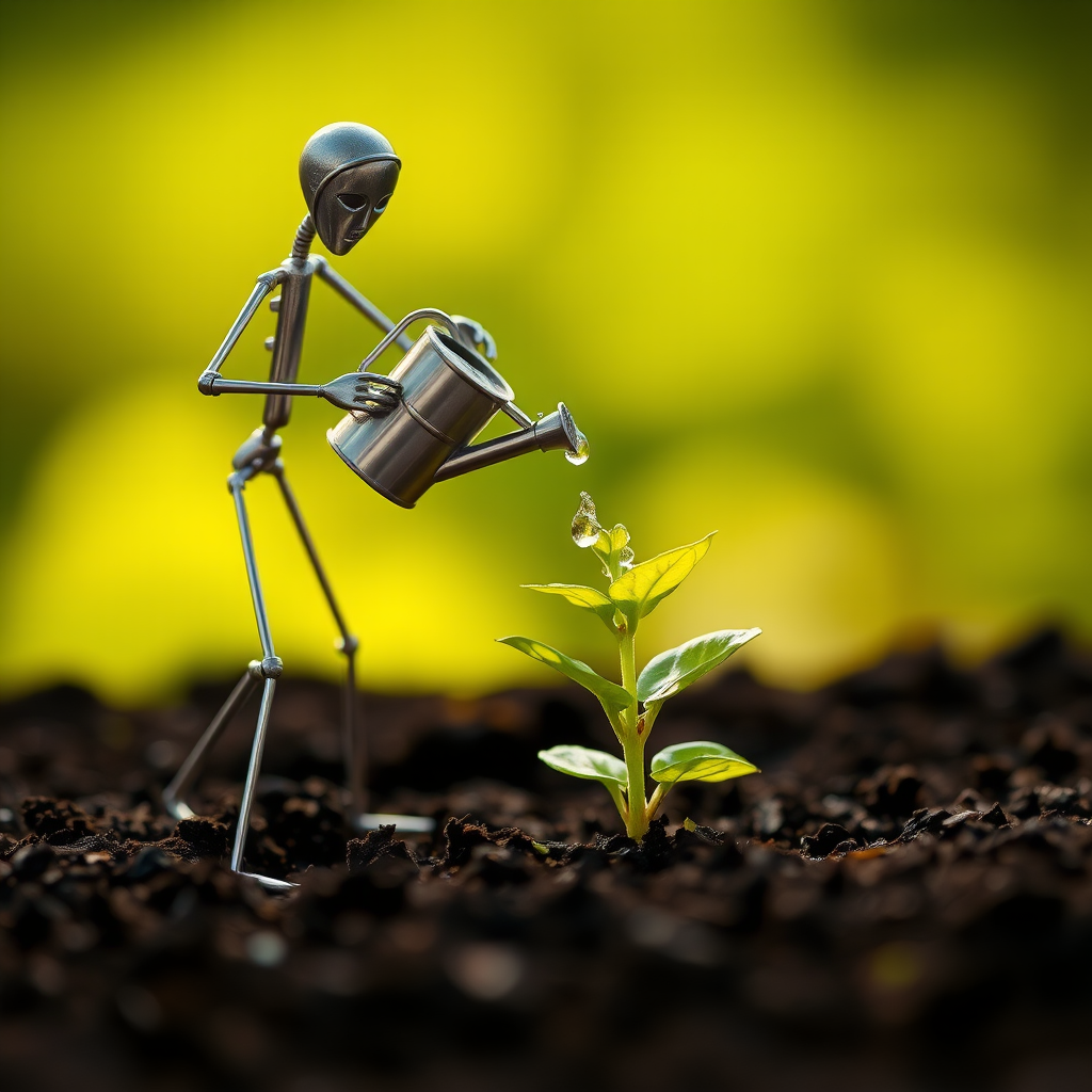 A metal figurine of a person, constructed from thin, silver rods, stands on the left side of the image, facing the viewer. The figurine is holding a small watering can and pouring water onto a young plant, with a few droplets in the air. The plant, with lush green leaves, is situated in the center, growing from dark soil. The background is a soft, out-of-focus blur of green, illuminated by warm, natural light.  The composition creates a sense of depth and intimacy. The image evokes feelings of growth, nurture, and hope.