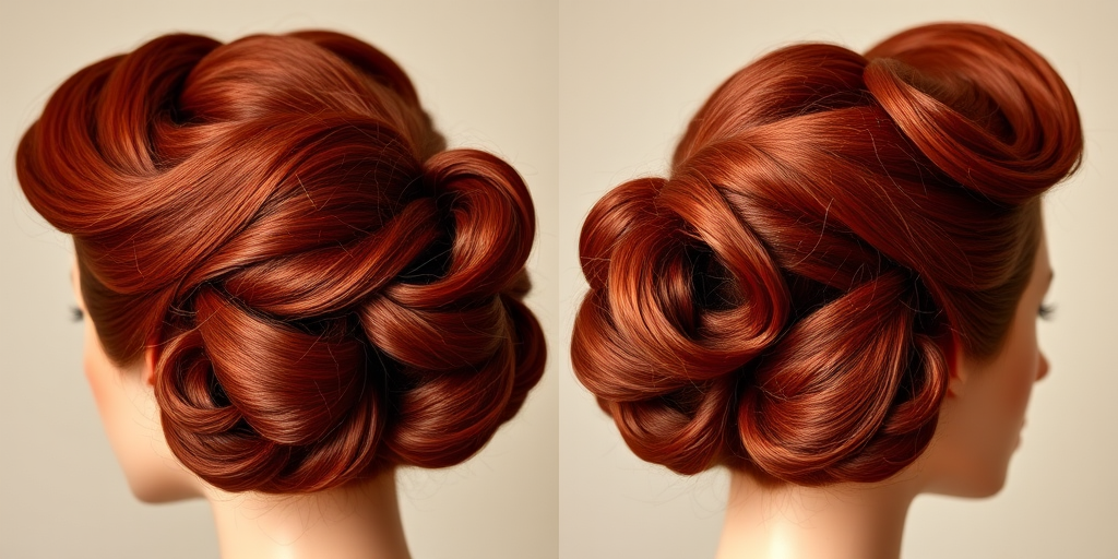 Rich mahogany red hair in a classic 1940s victory roll updo, Vintage Vixen style, featuring glossy waves and perfectly coiffed rolls for timeless glamour