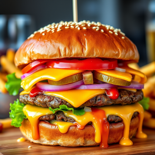 High-resolution, close-up image of a gourmet double cheeseburger. The burger features a glossy, sesame-seed-topped brioche bun. Inside, there are two thick, juicy beef patties, each topped with melted cheddar cheese. The burger is garnished with fresh lettuce, tomato slices, diced onions, and pickles. A generous amount of ketchup and a creamy, orange-colored sauce is dripping down the sides, adding to the mouth-watering appeal. In the background, there are blurred elements including a side of golden French fries and a hint of a beverage, enhancing the overall presentation of a delicious meal.