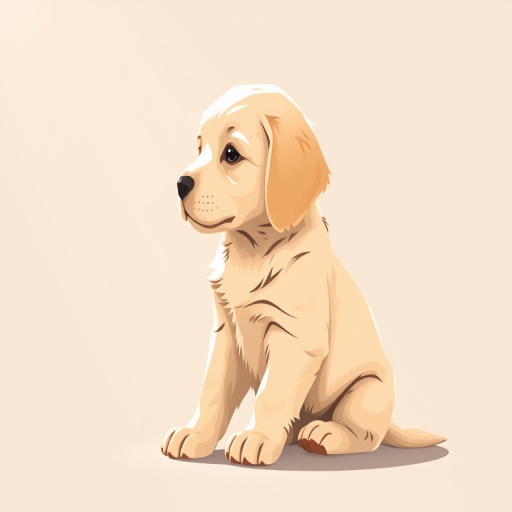 Create a vector illustration of a sitting golden retriever puppy facing sideways with a minimalist style and soft colors, using a shallow depth of field and high contrast lighting settings to enhance visual clarity, in a digital art format.