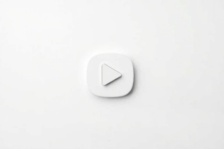 create a minimalistic vector graphic featuring a play button icon and a question mark, use a clean white background, camera settings: ISO 100, aperture f/8, shutter speed 1/250s, camera view: top-down, camera style: flat lay, camera type: digital DSLR