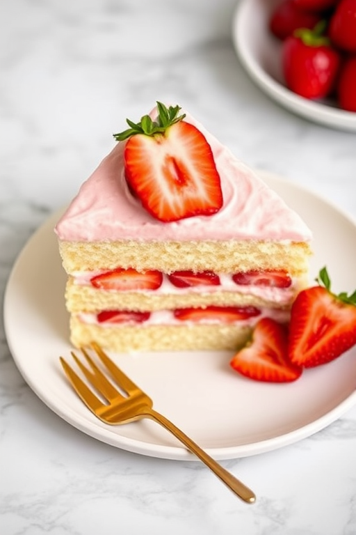 A slice of layered vanilla cake with strawberry filling and frosting topped with fresh strawberries on a white plate with a gold fork on a marble surface