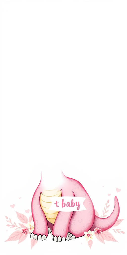 cartoon illustration, create a scrapbooking page, multicolor strips, whimsical, soft colors of pink, and white, featuring an adorable, funny, smiling, Pink baby dinosaur with a long neck, hyper realistic, sitting in the bottom right corner, pen sketch colors, white background with gradient mini white hearts , stylized flowers and foliage, label with the word "baby", dazzling, sparkling and soft background