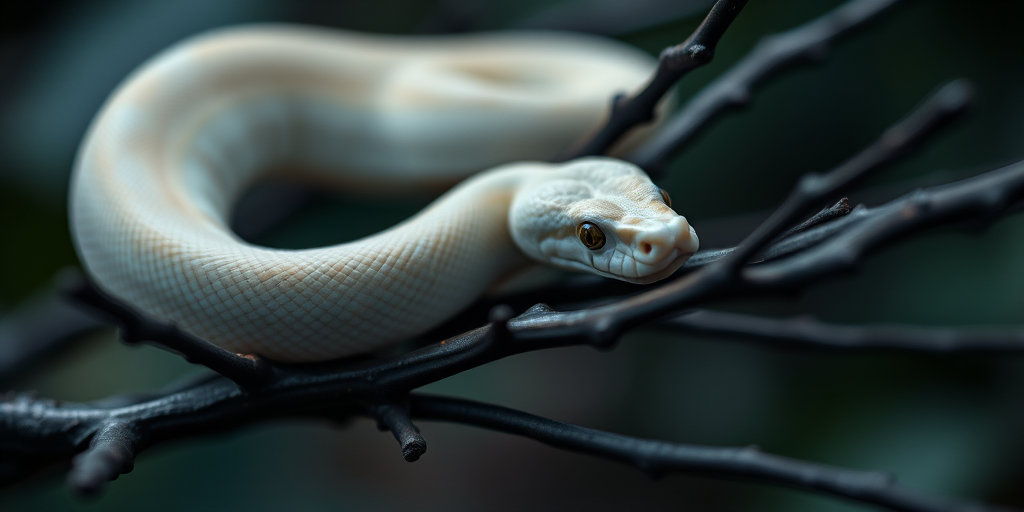a close-up of a curled albino snake resting on dark branches with a blurred background, captured with a DSLR camera at f/2.8 aperture, ISO 200, 1/125 sec shutter speed, in natural light for enhanced detail and depth of field