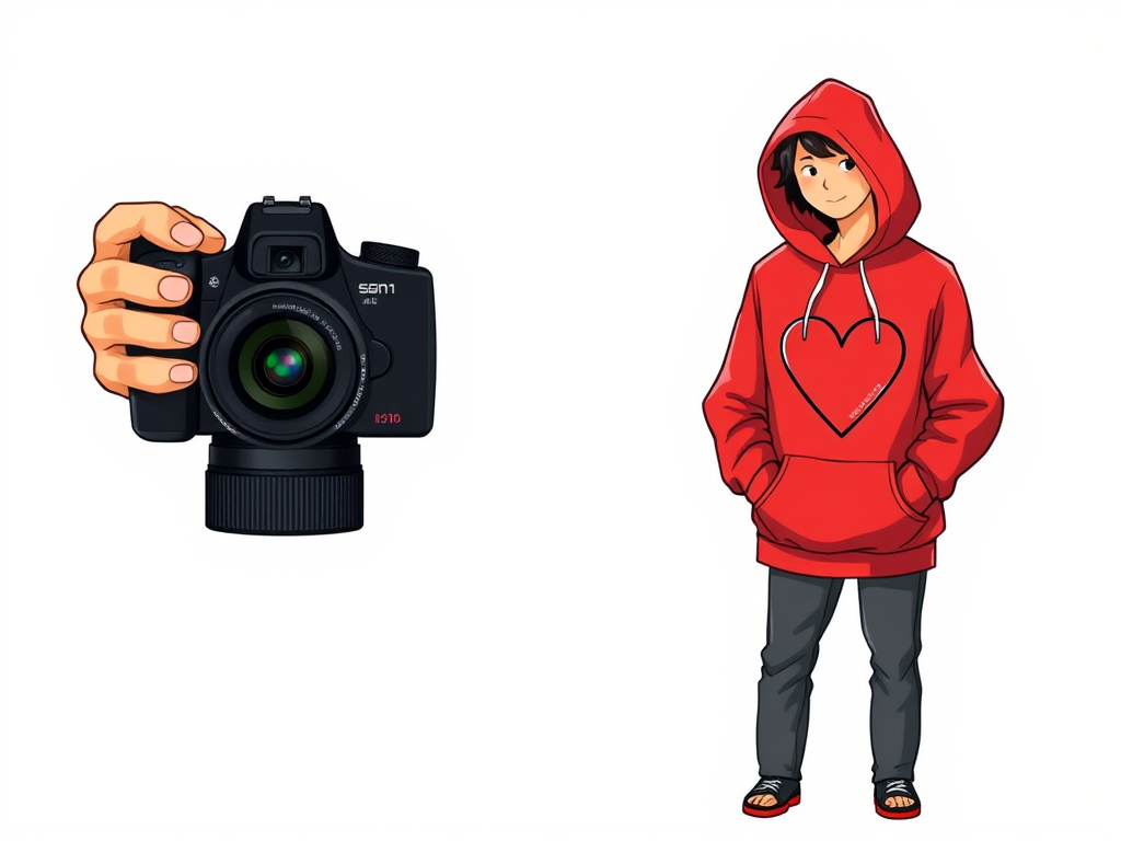 Create an illustration of a person wearing a red hoodie with a heart graphic, standing casually with hands in pockets, use a DSLR camera with 50mm lens, aperture f/1.8, ISO 200, natural light, focus on subject, high-resolution.
